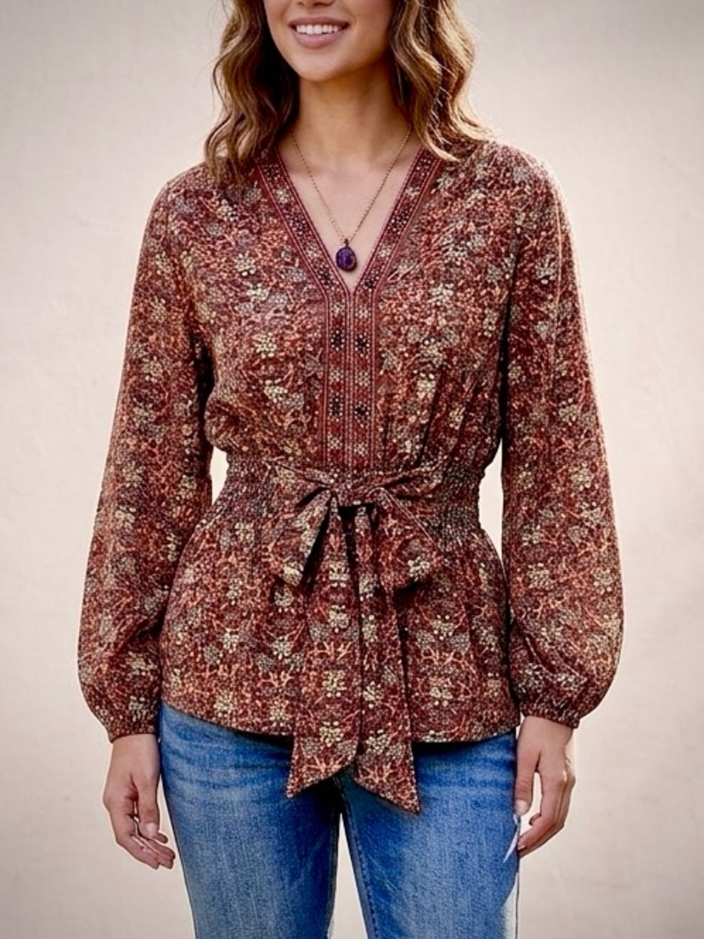 Max Studio Front Tie Floral Smocked Waist Peplum Boho Blouse Size S